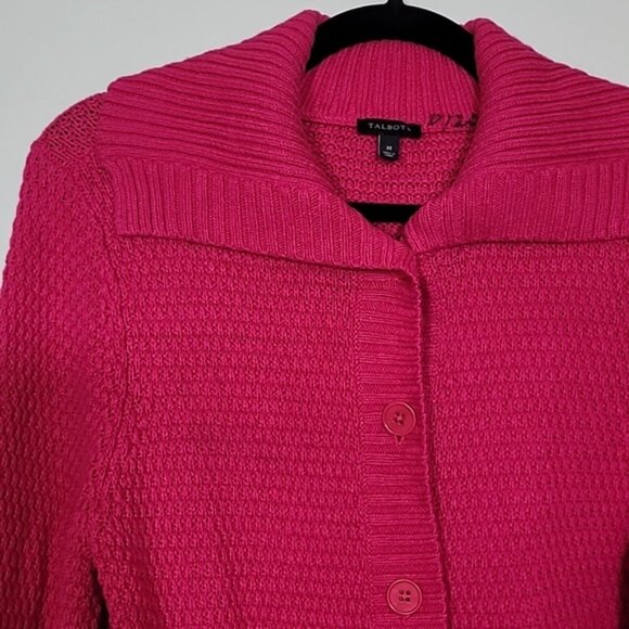 Talbots Chunky Knit Button Up Cardigan Size M Pink Johnny Collar Wool Blend - Picture 3 of 12